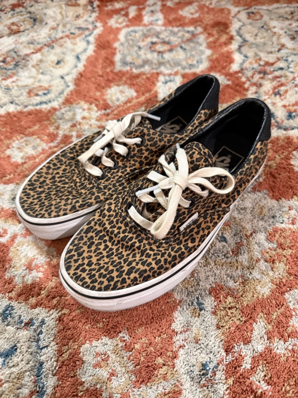 Vans Leopard Print Canvas Sneakers with Black Trim and Cream Laces